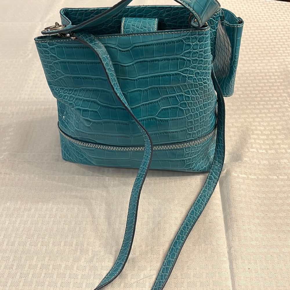 Tommy Hilfiger NWOT Aqua Handbag with Straps and Silver Trim Has Coin Purse